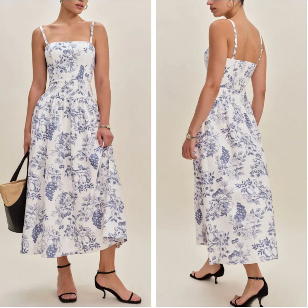 Reformation Katarin Linen Midi Dress Sz2 Carla Blue White Floral Casual Party - Picture 2 of 12